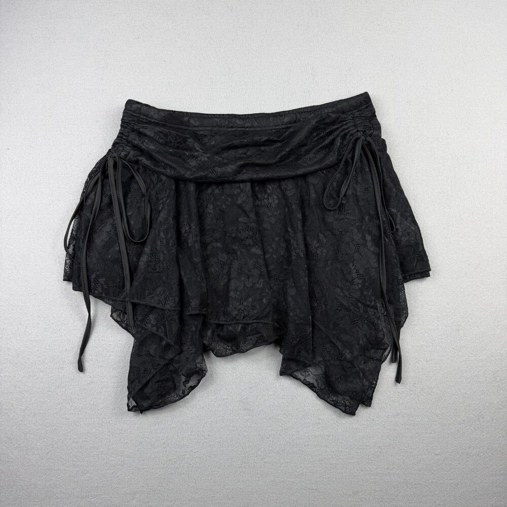 Y2K Goth Black Lace Skort L XL Ruffle Mini Skirt Fairy Grunge Whimsigoth Goth